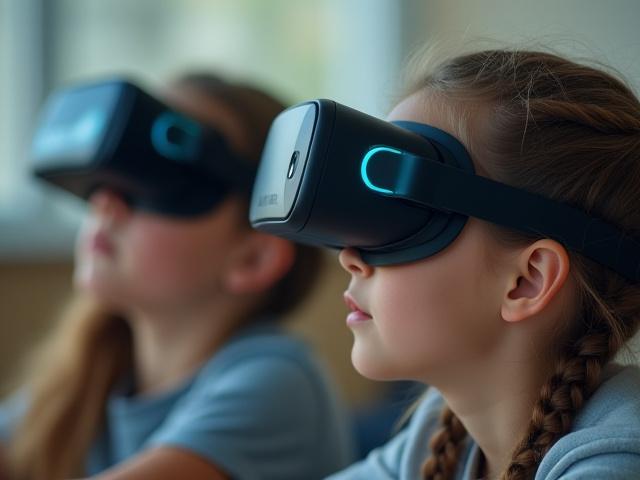 Оқушылар сыныпта виртуалды шындық шлемдерін киіп, оқып жатыр.